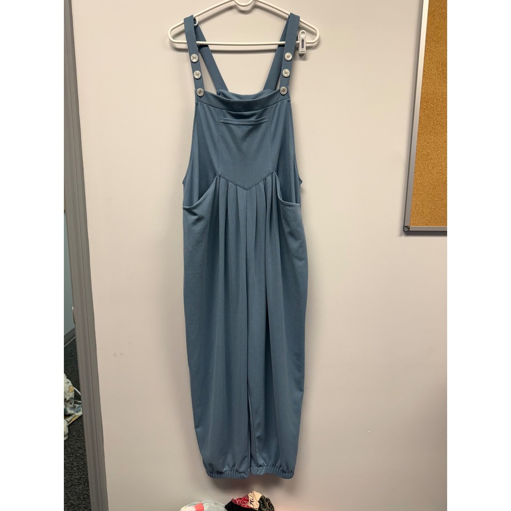 Halara Waffle Knit Pleated Jogger Overalls Dusty Blue XL Adjustable Jumpsuit NEW